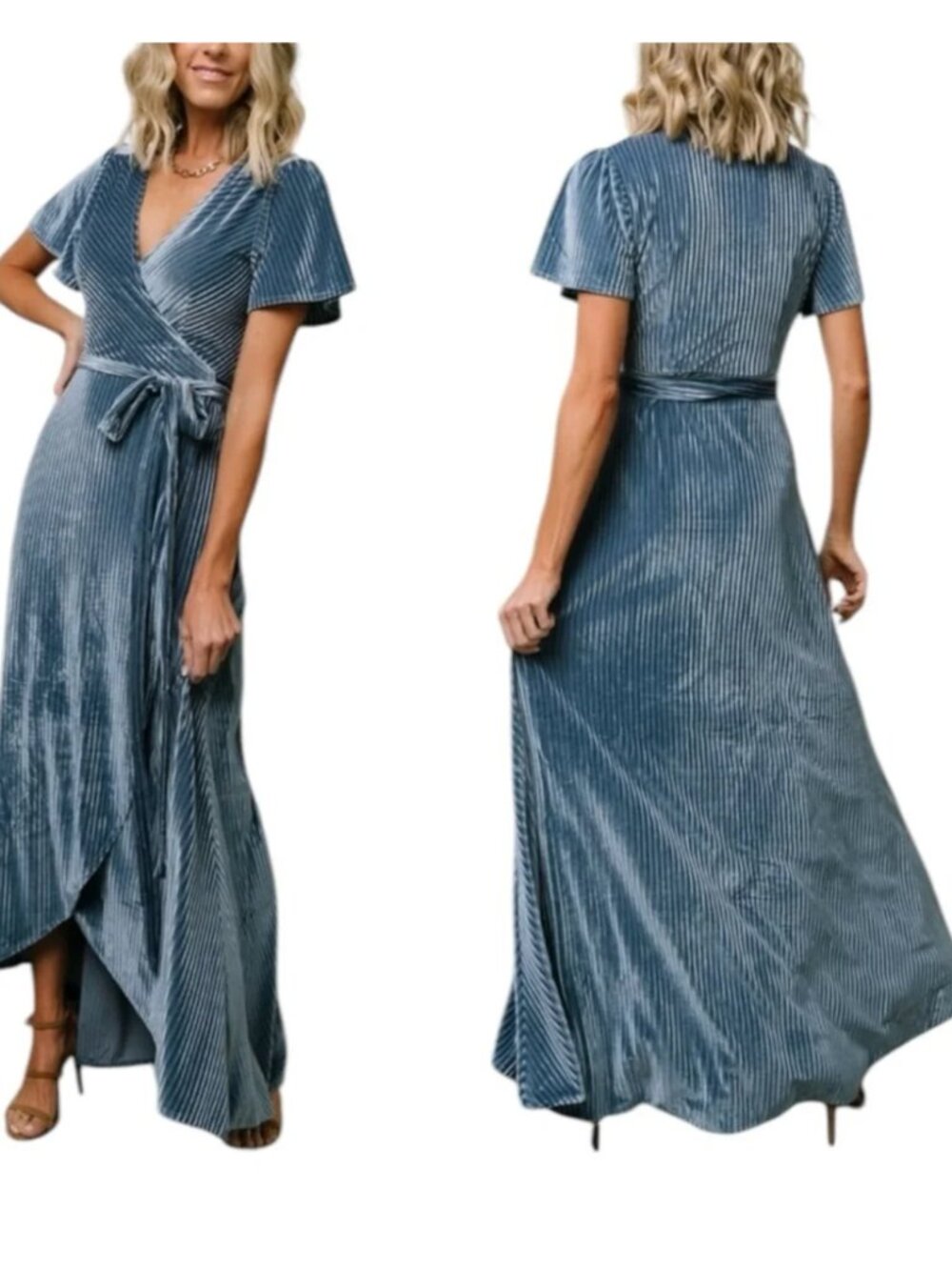 BALTIC BORN Andi‎ Ribbed Velvet Wrap Dress Steel Blue Size 2XL